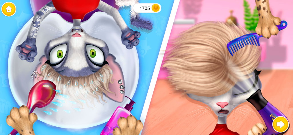 Amy's Animal Hair Salon - Jugabilidad que muestra a un gato siendo lavado y secado con secador en un salón de peluquería