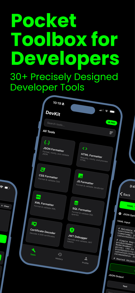 DevKit app dashboard showing a list of developer tools including JSON and HTML formatters
