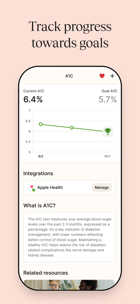 Mobile app interface for tracking A1C progress and goals with Apple Health integration