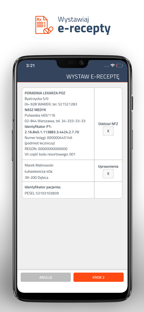 Smartphone interface of MyDr EDM app for creating electronic prescriptions.