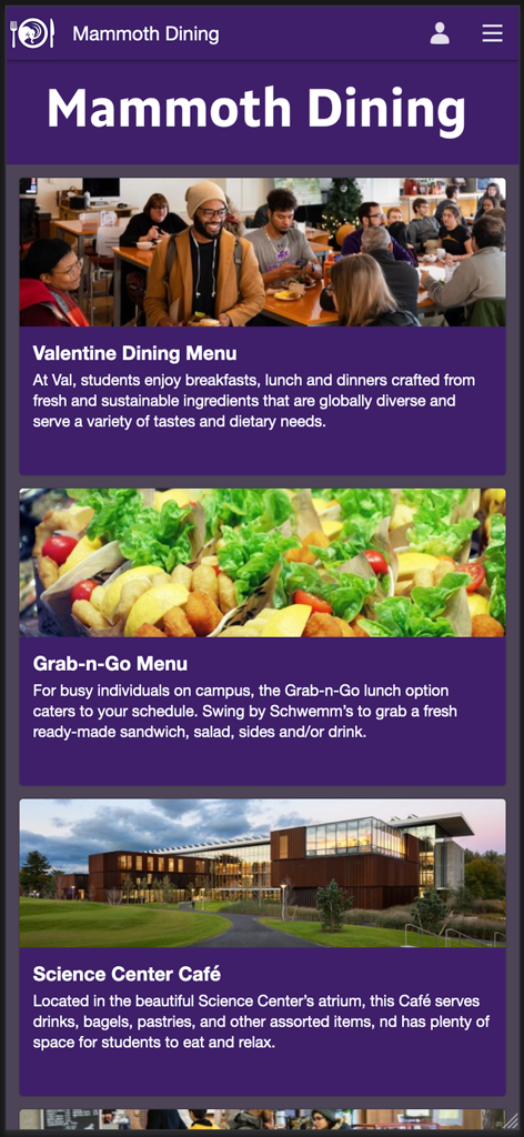 Mammoth Mobile - 매머드 모바일 앱 화면에는 발렌타인 다이닝 및 과학 센터 카페를 포함한 앰허스트 칼리지 다이닝 옵션이 표시됩니다.
