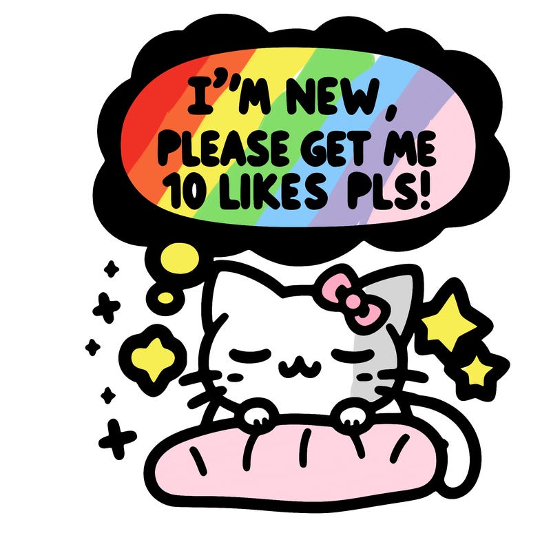 kitty taking a nap dream talking and saying "i'm new, please get me at least 10 likes pls!!"