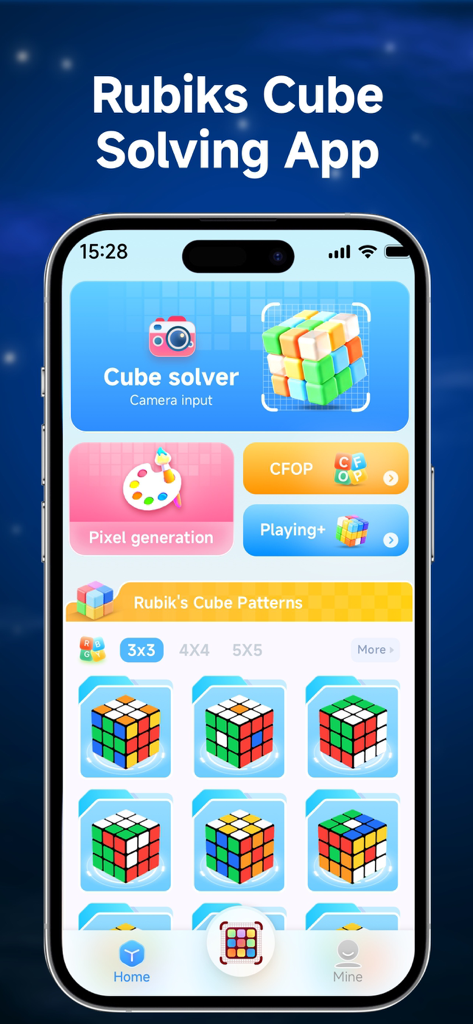 Cube Solver - 3D Cube Timer - Interface of the Cube Solver app showing camera input and rubiks cube patterns