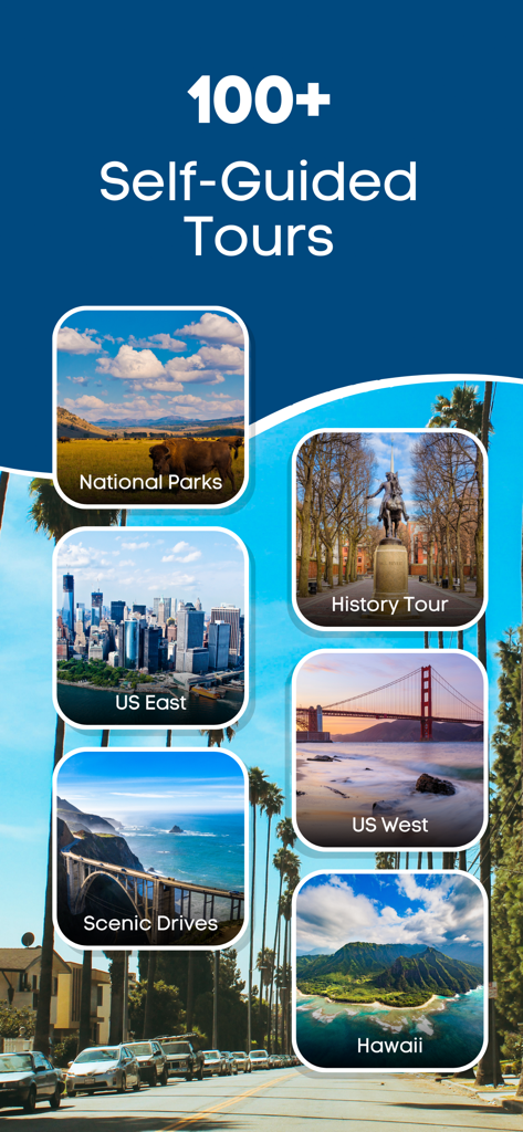 Hollywood & Star Homes Tour - Screenshot of the app showing 100+ self-guided tour options including National Parks, US East, US West, Hawaii, Scenic Drives, and History Tours.