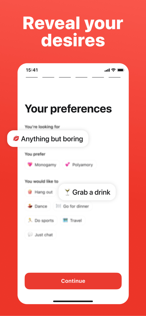Interfaccia dell'app Flava che mostra le preferenze dell'utente per tipi di relazione e attività sociali come bere qualcosa.