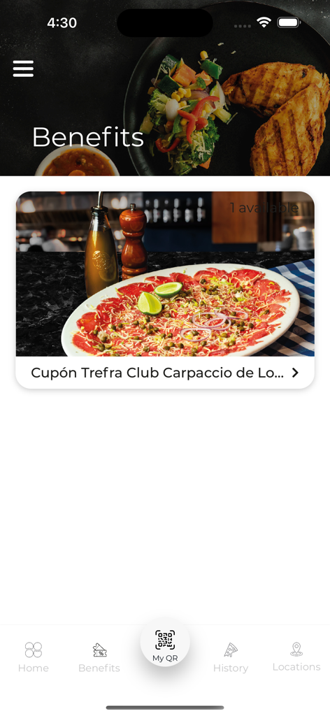 TrefraClub - A mobile app screen showing food rewards and a carpaccio coupon for TrefraClub members.