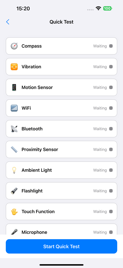 Phone Diagnostics Expert - Interface of the Phone Diagnostics Expert app showing a list of hardware components and sensors ready for a quick test