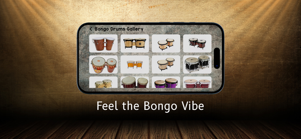 Pantalla de smartphone que muestra la Galería de Bongos con varios tipos de tambores en la aplicación Bongo Drums Master