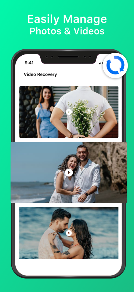 An iPhone screen showing the video recovery interface with thumbnails of sentimental family and couple videos