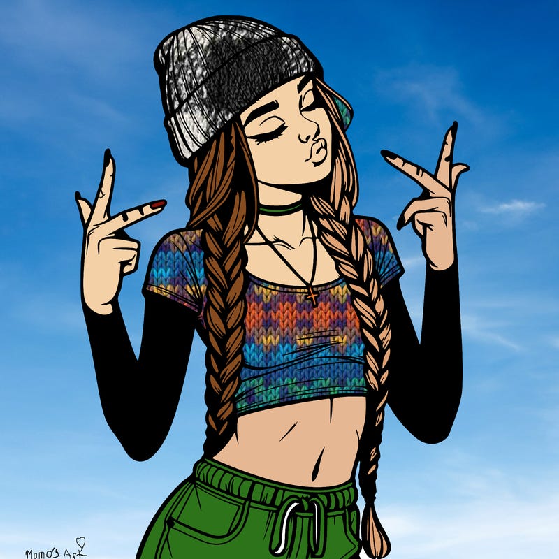 realistic teenage girl with braids and a beanie and crop top doing 🫶🏼