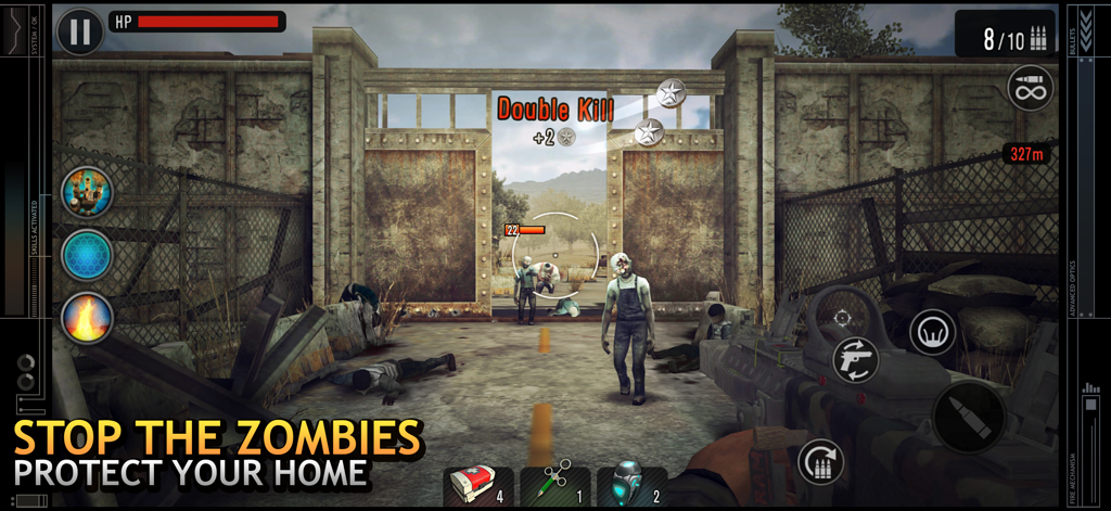 Last Hope Sniper - Zombie War - First person shooter gameplay of Last Hope Sniper Zombie War showing a player targeting zombies at a gate