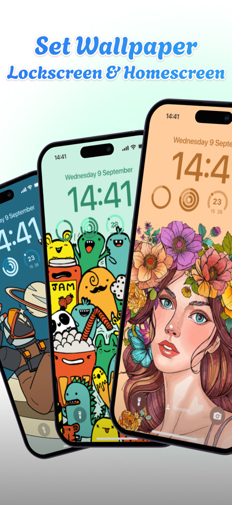 Corly: Color Picker Relax - Corly 앱의 예술적인 잠금 화면 및 홈 화면 배경화면 디자인을 보여주는 세 대의 iPhone