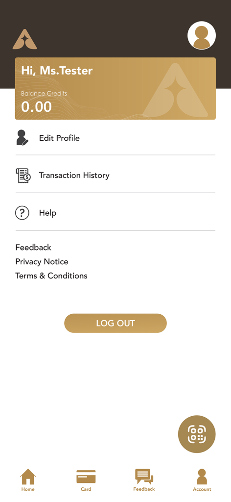 Ami App - User account page in the Ami App displaying balance credits and profile settings options.