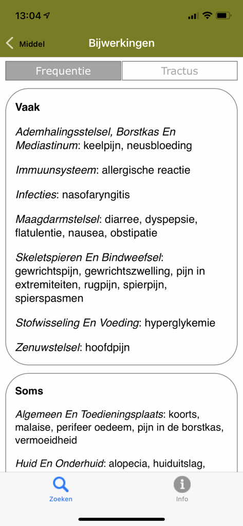 FK - A detailed list of medication side effects categorized by frequency and body system in the FK app