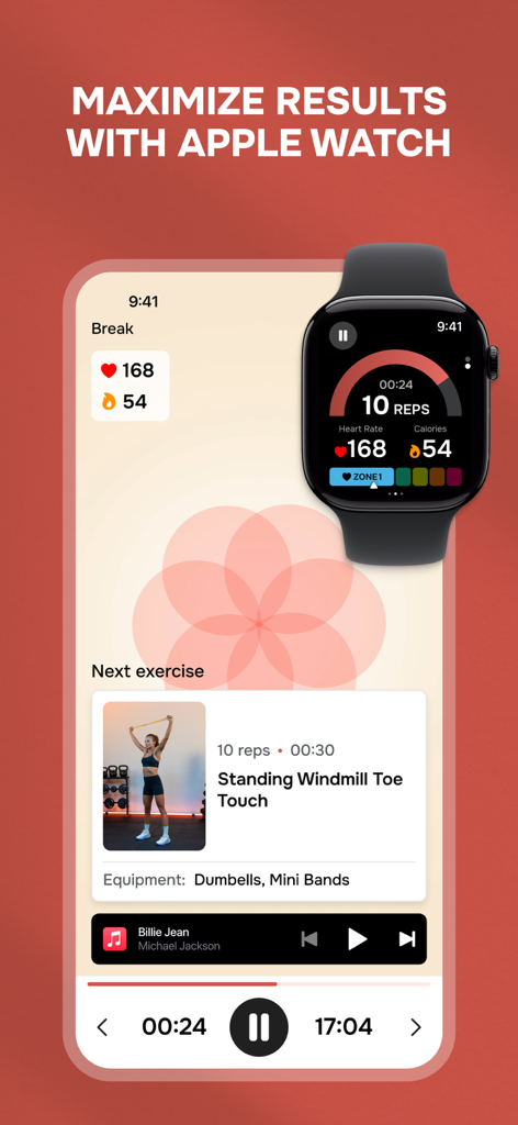 Diet & Training by Ann - リアルタイムの心拍数とカロリー追跡を表示するApple Watchと同期したDiet and Training by Annアプリのワークアウト画面。