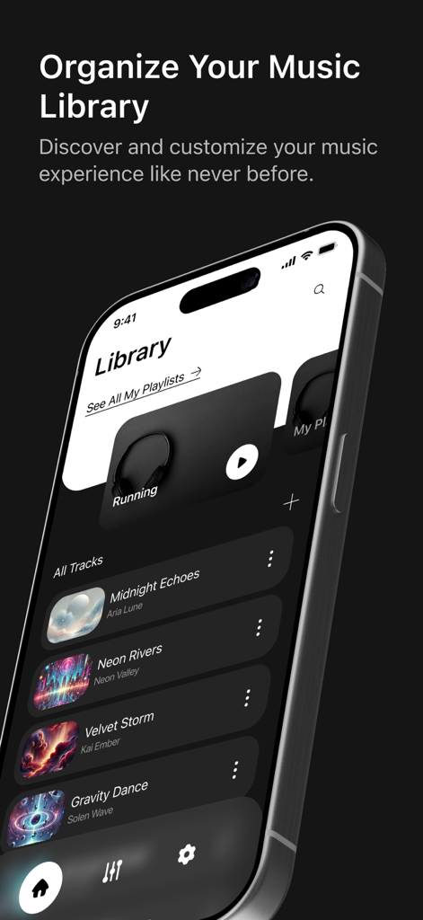 Equalizer: Music Bass Booster. - Eine Smartphone-Oberfläche, die die organisierte Musikbibliothek und die Playlist-Funktionen in der Equalizer-App zeigt.