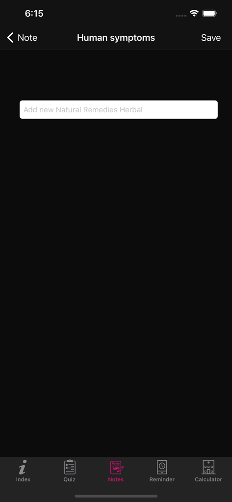 Natural Remedies Herbal - Interfaz para el seguimiento de síntomas en la sección de notas de la aplicación Remedios Naturales Herbales.