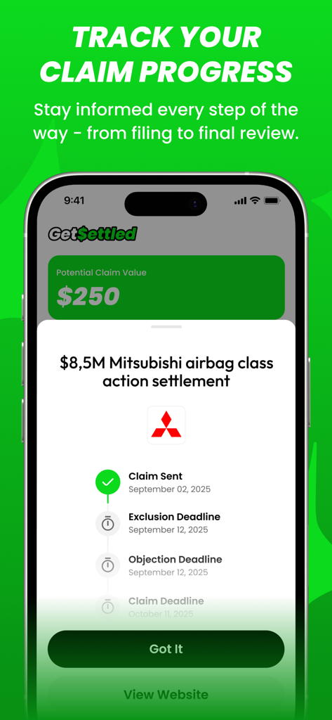 GetSettled: Claim Your Cash - モバイルアプリのインターフェース。Mitsubishi airbag集団訴訟の請求状況と締切日が表示されています。