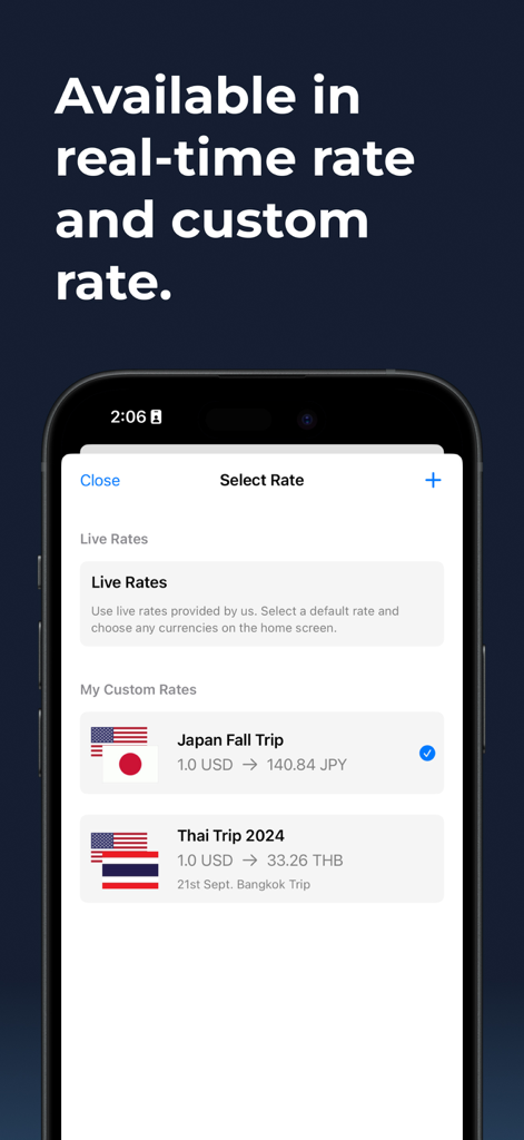 Oberfläche der Währungsrechner-Widget-App, die Live- und benutzerdefinierte Wechselkursoptionen für verschiedene Reiseziele zeigt.