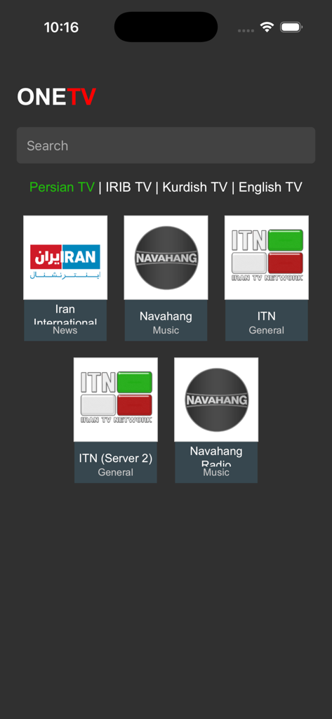 The home screen of OneElevate TV app displaying a search bar and icons for Persian and Kurdish live television channels.