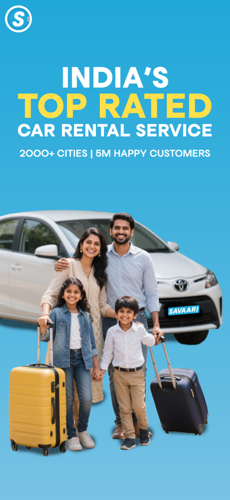 A happy family with suitcases standing in front of a Savaari rental car for travel in India.