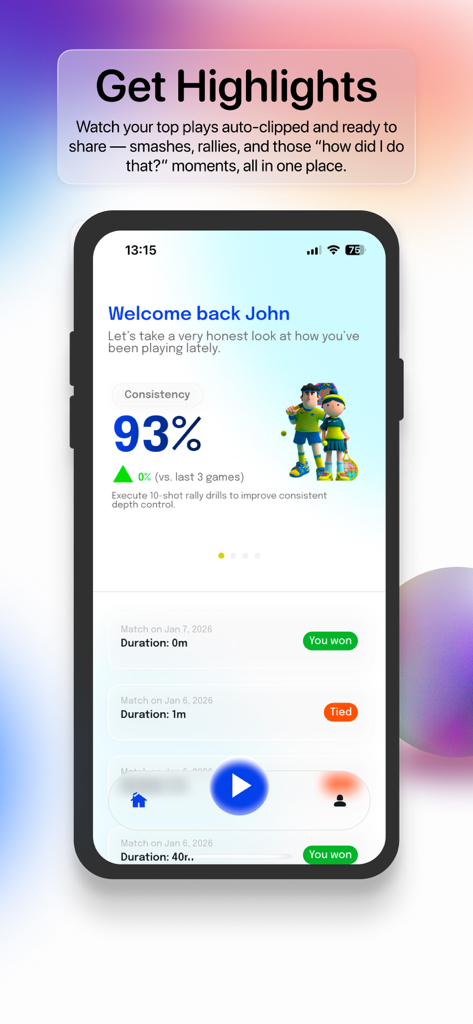 Padlo mobile app dashboard showing padel consistency percentage and match highlights