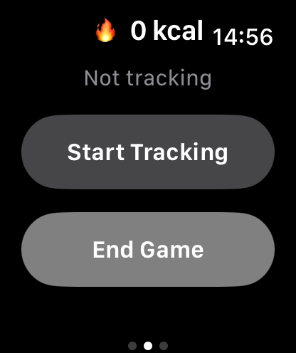 Badminton Score Tracking - Apple Watch interface for the Badminton Score Tracking app displaying calorie count and buttons to start tracking or end the game.
