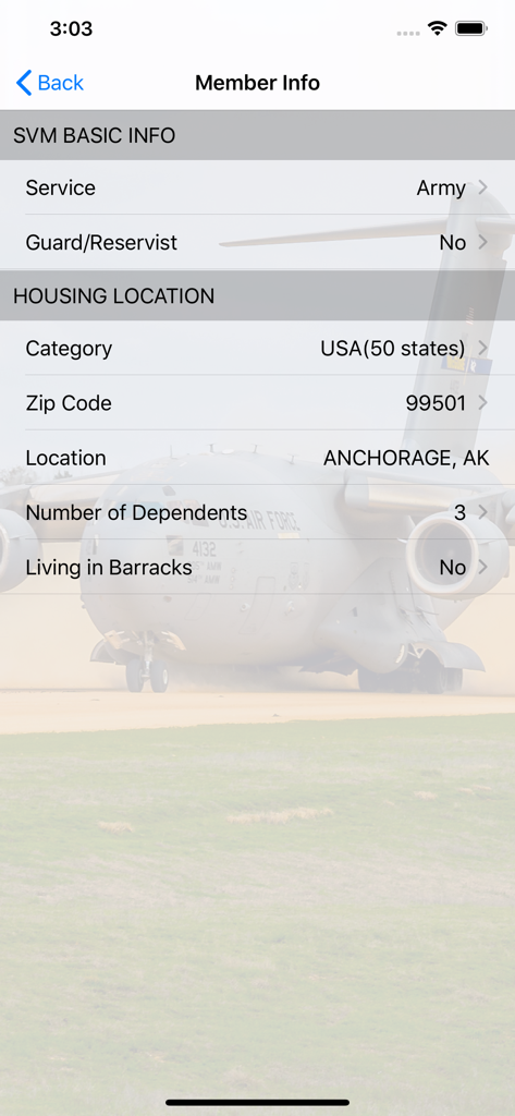 Member information and housing location screen in the Military Pay Calc app