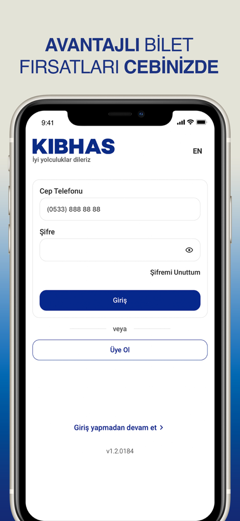Login screen of the KIBHAS airport shuttle app featuring mobile phone and password fields.