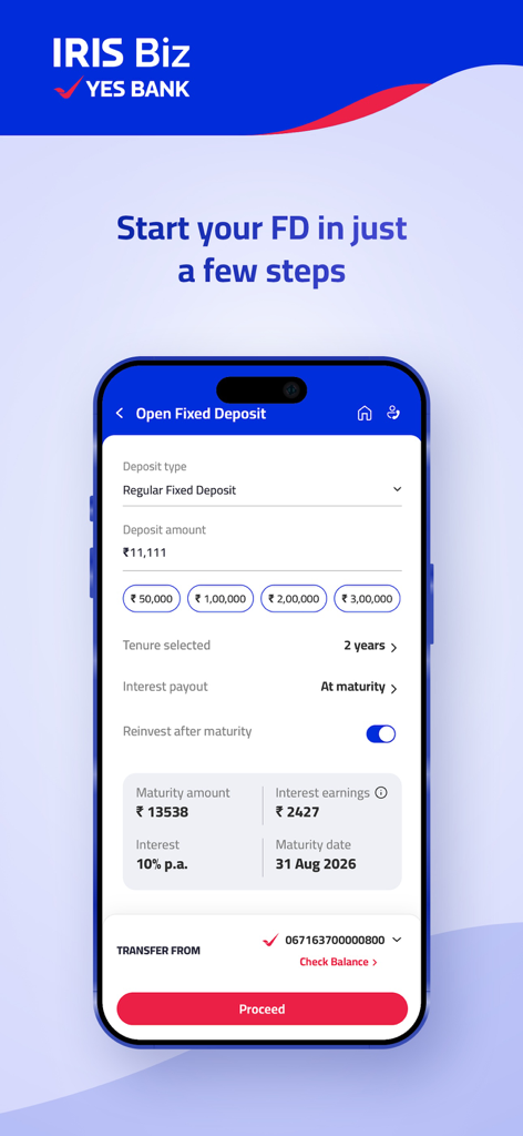 IRIS Biz by YES BANK - IRIS Biz mobile app interface for opening a fixed deposit showing deposit amount and tenure options