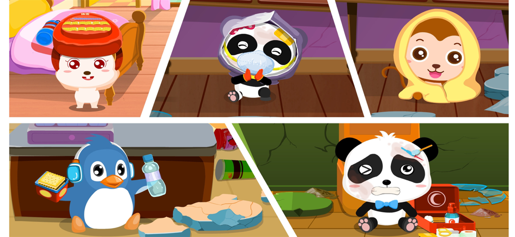 Earthquake Safety Tips - Collage of animal characters demonstrating earthquake safety measures and first aid