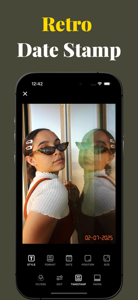 Aesthetic Photo Editor - Feyza - iPhone screen showing the retro date stamp feature of the Feyza photo editing app on a vintage portrait.