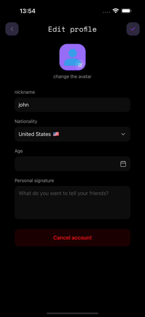 l-mao - Edit profile screen in the l-mao app with settings for nickname nationality and personal signature