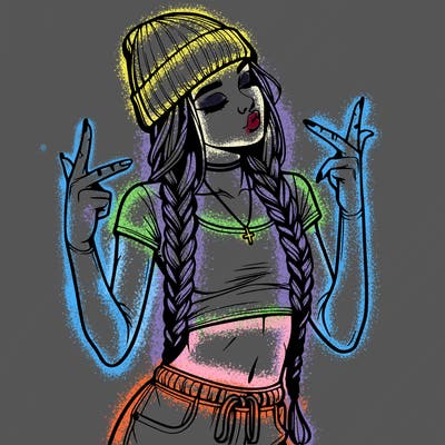 realistic teenage girl with braids and a beanie and crop top doing 🫶🏼