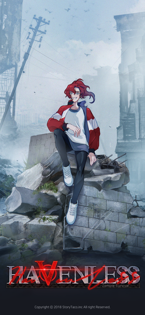 Havenless- Thriller Otome Game - Red-haired character sitting on ruins in a post-apocalyptic city from Havenless