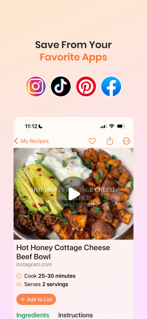 RecipeBox - Save Your Recipes! - RecipeBox app interface showing how to save recipes from Instagram and TikTok social media platforms.
