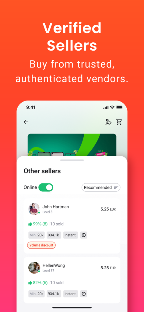 Oberfläche der G2G-App, die eine Liste verifizierter Verkäufer mit Bewertungen und Preisinformationen für Gaming-Assets anzeigt