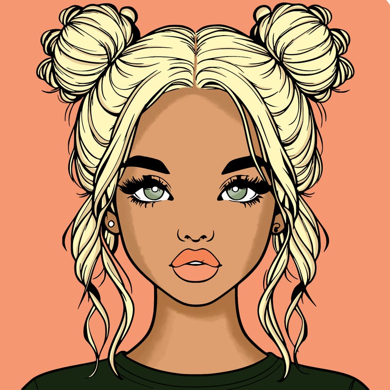 realistic girl with two buns in hair and lips