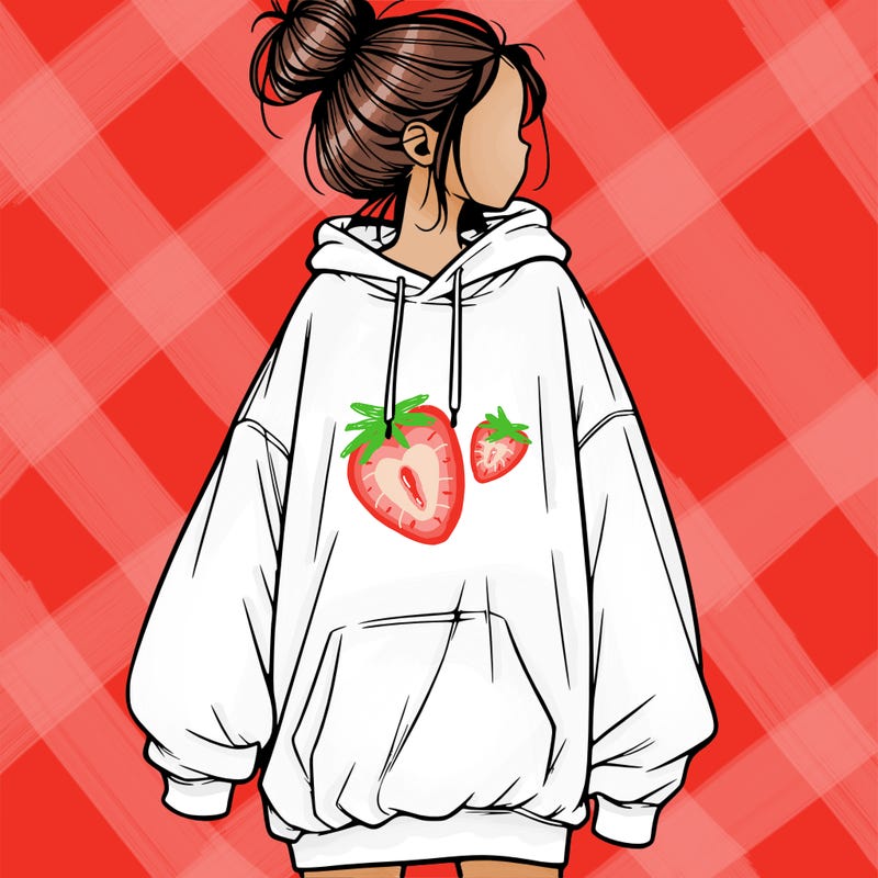 realistic girl with a oversized sweatshirt on and a bun