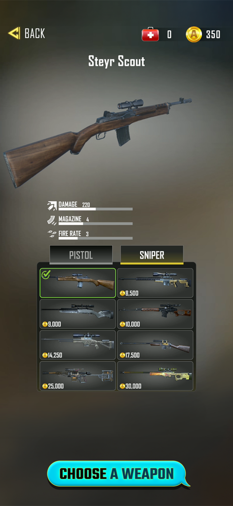 Weapon selection screen in Agent Hunt displaying the Steyr Scout sniper rifle and tactical weapon options.