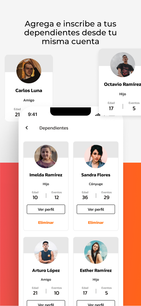 Asdeporte Oficial - Asdeporte app screen showing a list of managed family and friends profiles for group race registration