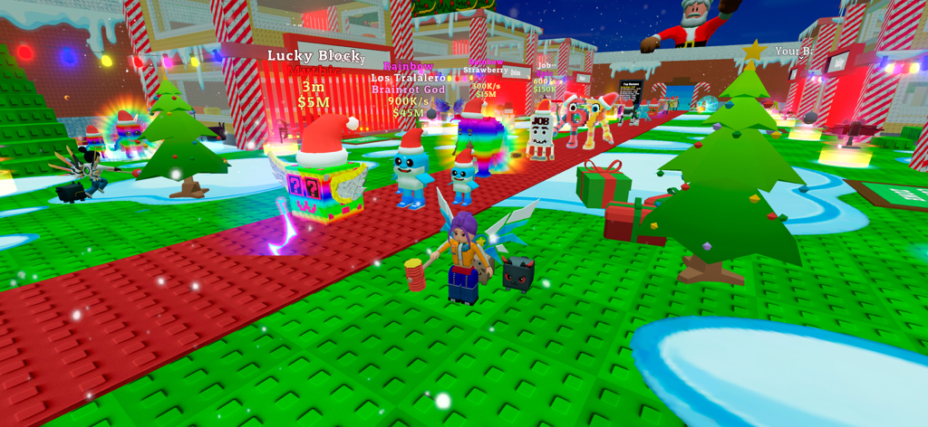 Steal all and Catch Animal - Un livello innevato e festivo nel gioco Ruba tutto e Cattura Animali con personaggi colorati e animali domestici su un tappeto rosso.