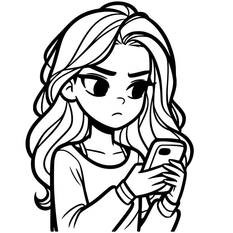 teenage girl looking at her phone and she is not smiling she is making a serious face