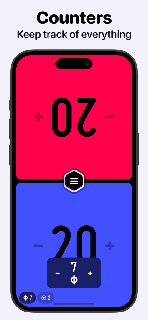 MTG ライフカウンターアプリ Lotus のインターフェース。2 人のプレイヤーのヘルスとポイズンカウンターを追跡しています