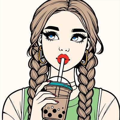 realistic girl with braided hair drinking boba