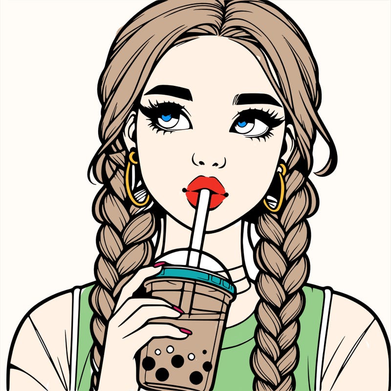 realistic girl with braided hair drinking boba