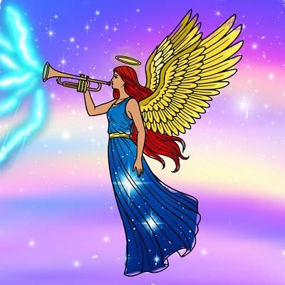 a tall angelic archangel with big wings, long hair and a halo above the head, facing forward, holding a trumpet in the right hand