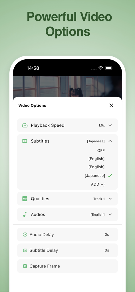VidSub: Video Subtitle Creator - Interfaz de la aplicación VidSub que muestra el menú de opciones de video con selección de subtítulos, velocidad de reproducción y configuración de audio