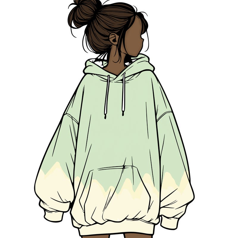 realistic girl with a oversized sweatshirt on and a bun
