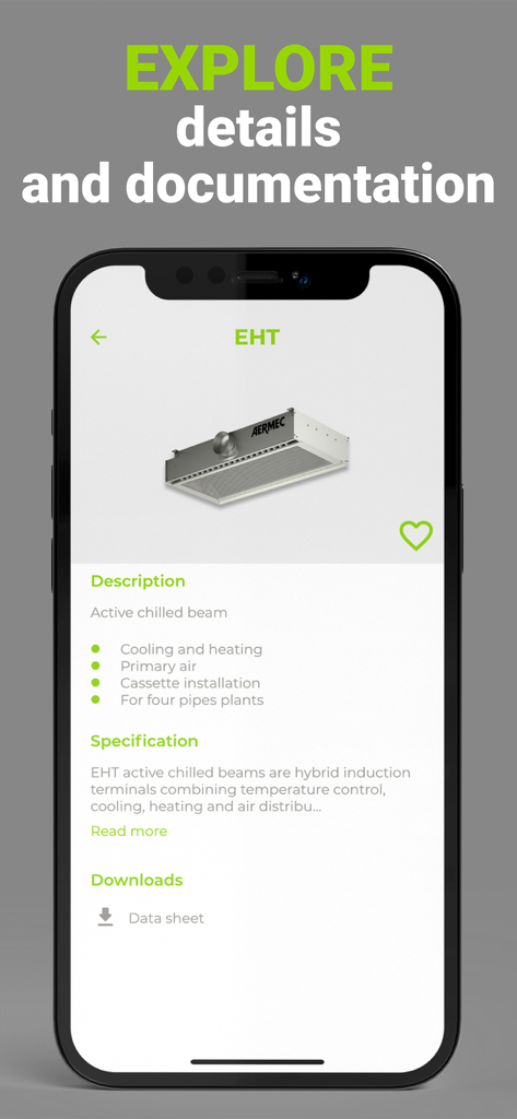 Aermec app product page showing technical specifications and documentation for an EHT active chilled beam.